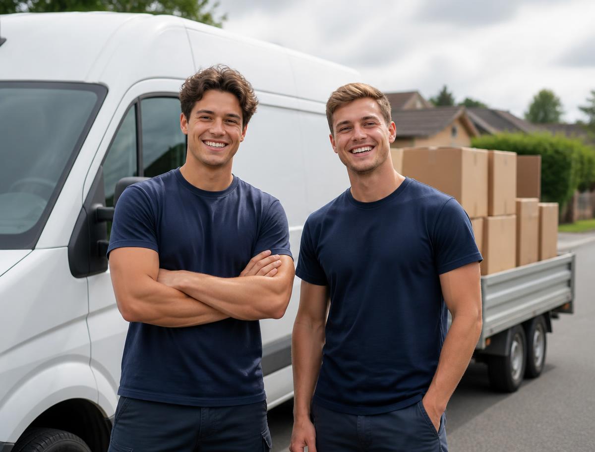 Anthonio og Lucas foran flyttebil med trailer